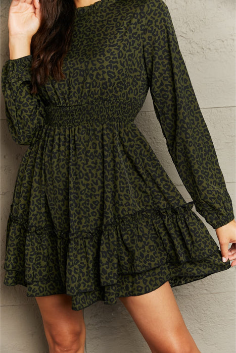 Honey Leopard Smock Waist Long Sleeve Dress