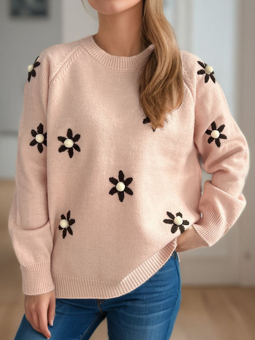 Flower Round Neck Raglan Sleeve Sweater