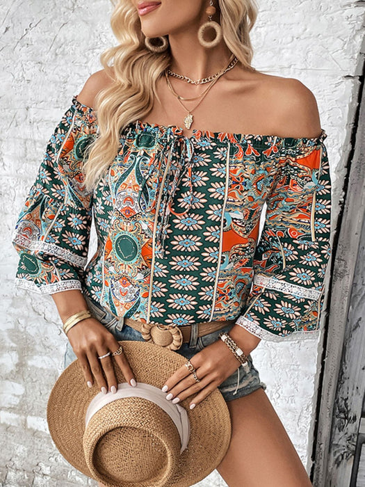 Perfee Printed Frill Trim Off-Shoulder Blouse