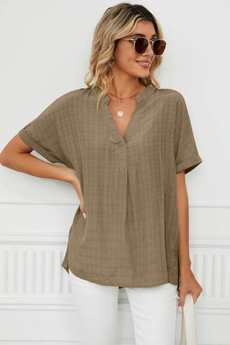 Side Slit Notched Neck Cuffed Short Sleeve Blouse