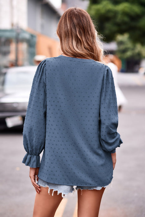 Swiss Dot Notched Neck Flounce Sleeve Blouse