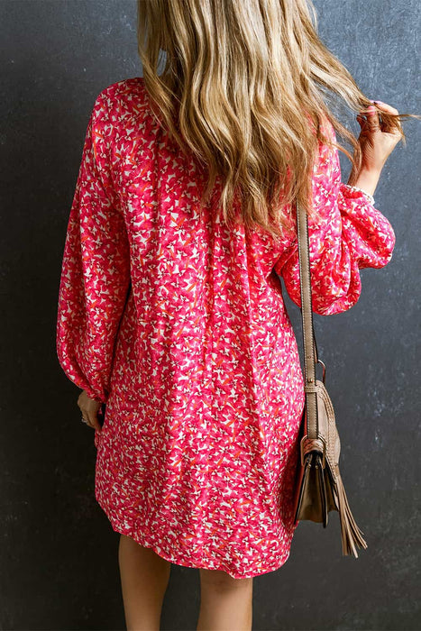 V-Neck Floral Print Long Sleeve Mini Dress