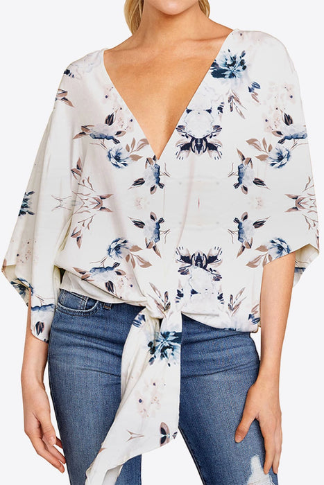 Shiny Printed Deep V Tie Hem Blouse