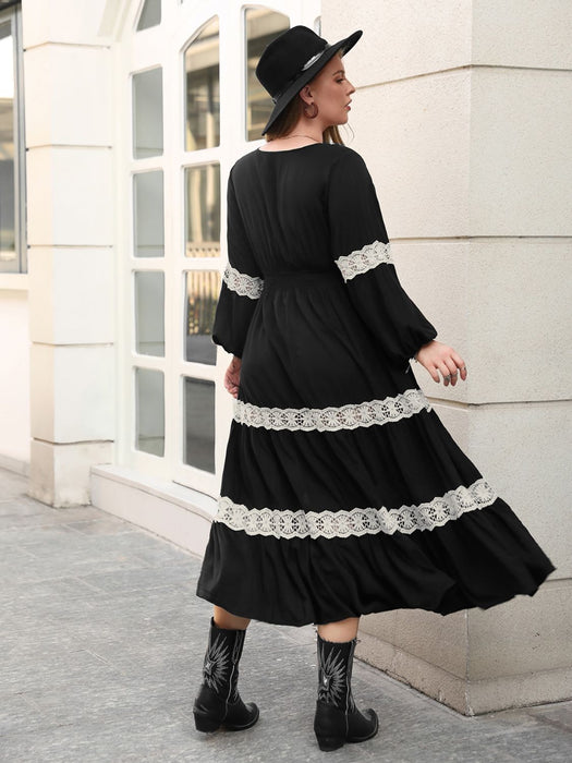 Plus Size Lace Detail V-Neck Long Sleeve Midi Dress