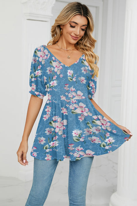 Floral V-Neck Babydoll Blouse