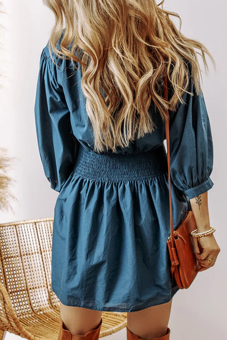 Smocked Half Button Three-Quarter Sleeve Mini Dress