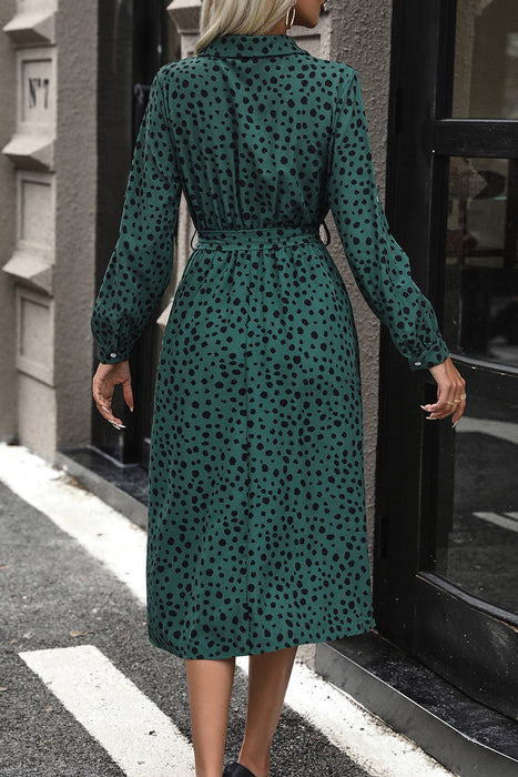 Perfee Printed Belted Long Sleeve Midi Dress