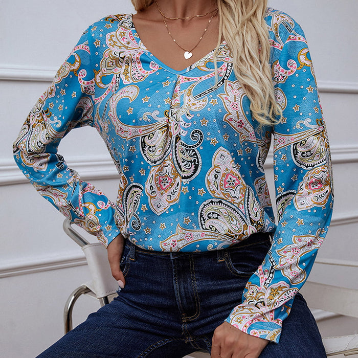 Shiny Printed V-Neck Long Sleeve Blouse