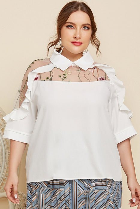 Plus Size Embroidered Ruffle Trim Collared Half Sleeve Blouse