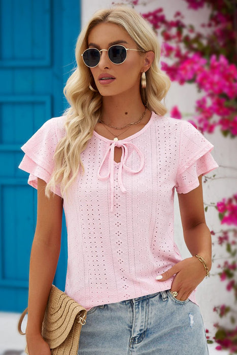 Mandy Eyelet Tie-Neck Flutter Sleeve Blouse