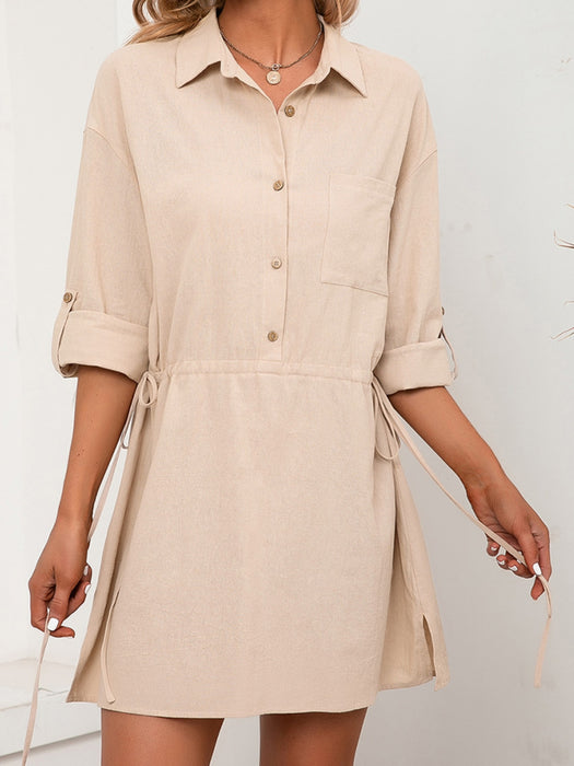 Ivy Lane Drawstring Half Button Roll-Tab Sleeve Dress