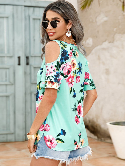 Shiny Floral Cold-Shoulder Short Sleeve Top