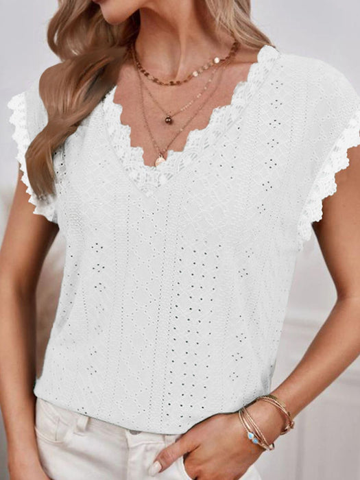 Shiny V-Neck Eyelet Short Sleeve Top