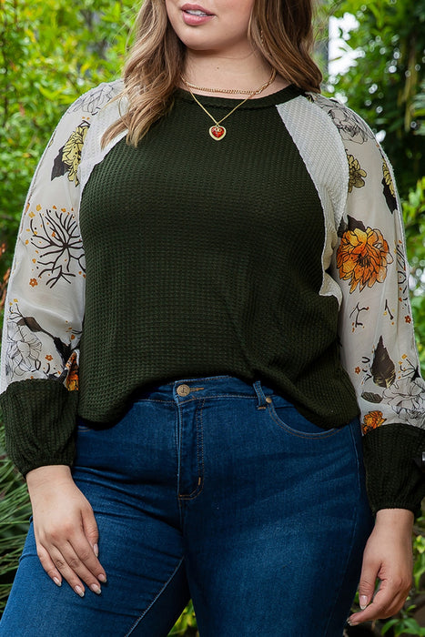 Plus Size Floral Waffle-Knit Round Neck Blouse