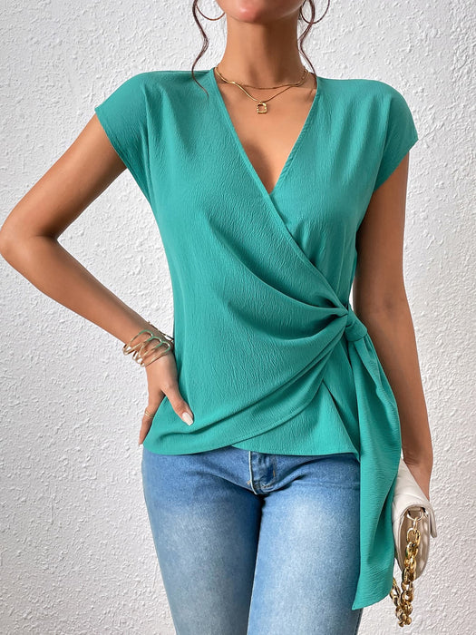 Honey Tied Surplice Neck Short Sleeve Blouse