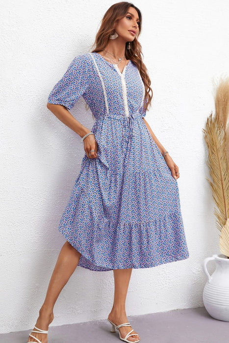 Honey Printed Drawstring Waist Notched Neck Dress