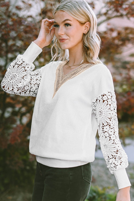 V-Neck Crochet Long Sleeve Blouse