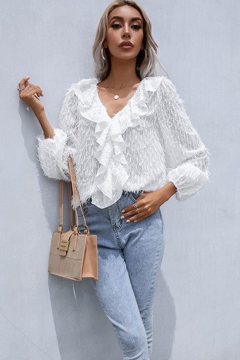 Ivy Lane Ruffle Hem Fringe V-Neck Balloon Sleeve Blouse