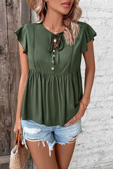 Perfee Buttoned Tie Neck Flutter Sleeve Babydoll Top