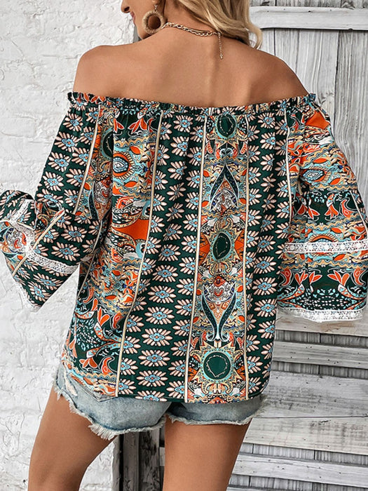 Perfee Printed Frill Trim Off-Shoulder Blouse