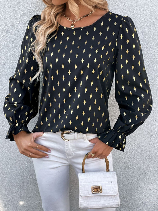 Perfee Printed Round Neck Flounce Sleeve Blouse