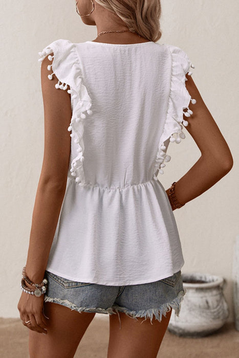 Perfee Embroidered Pom-Pom Trim Cap Sleeve Babydoll Top