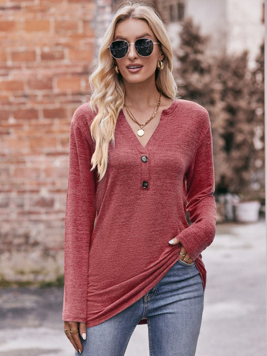 Mandy Buttoned Notched Neck Long Sleeve Top