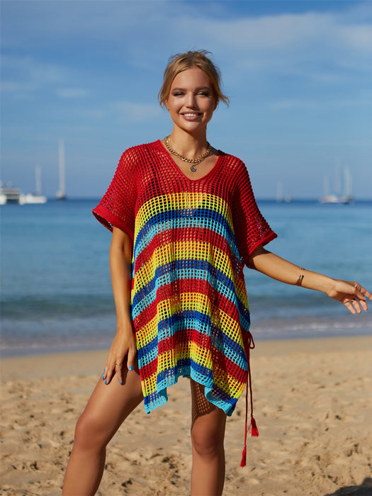 Angel Wings Cutout Striped Cover-Up with Tassel