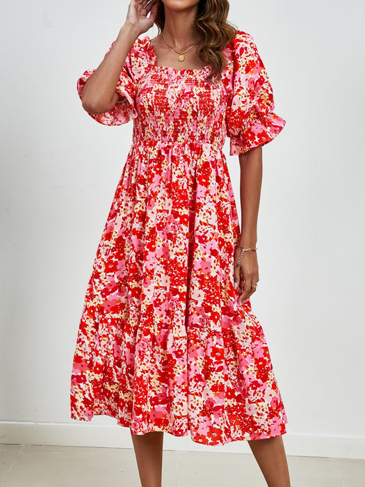 Smocked Floral Square Neck Short Sleeve Dress