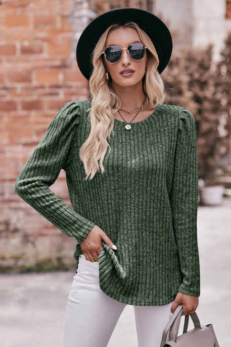 Mandy Round Neck Puff Sleeve Ribbed Top