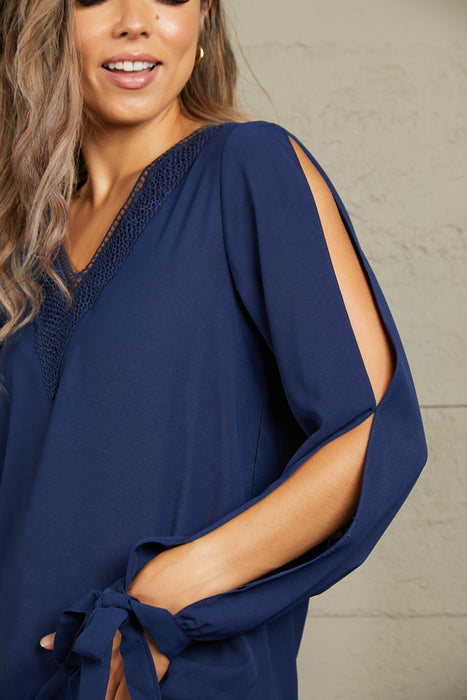 Perfee V-Neck Tie Cuff Slit Blouse