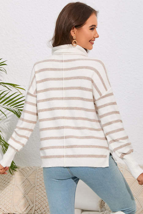 Cowl Neck Drawstring Dropped Shoulder Striped Print Blouse