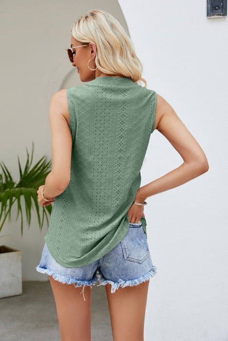 Notched Neck Curved Hem Eyelet Tank