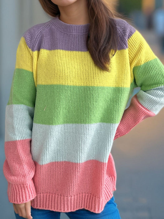 Color Block Round Neck Long Sleeve Sweater