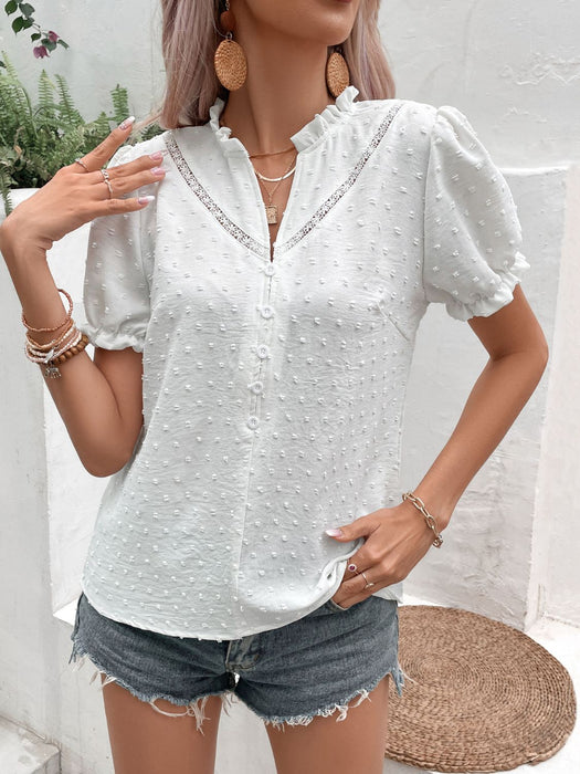 Perfee Swiss Dot Buttoned Puff Sleeve Blouse