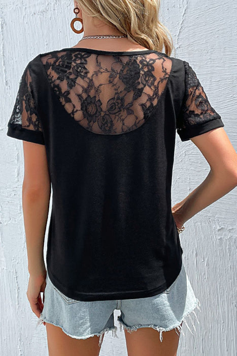 Perfee Spliced Lace Round Neck Short Sleeve Top