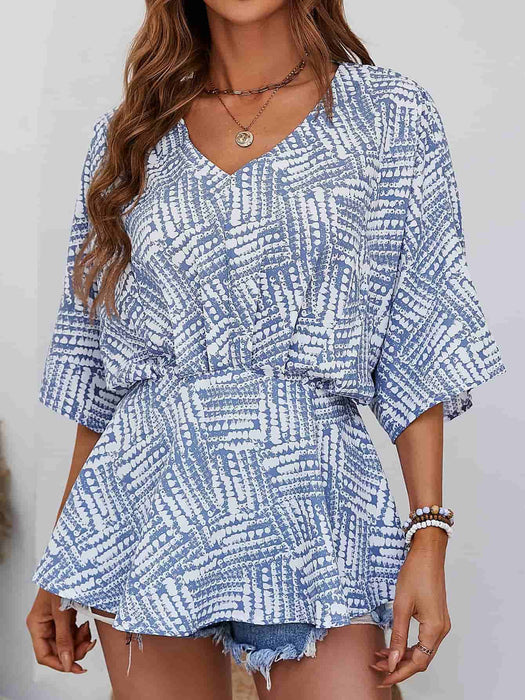 Printed V-Neck Dolman Sleeve Blouse