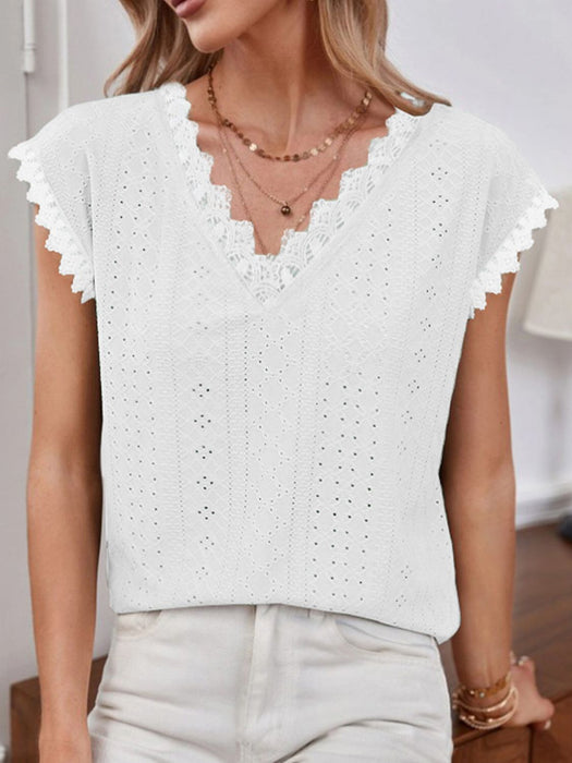 Shiny V-Neck Eyelet Short Sleeve Top