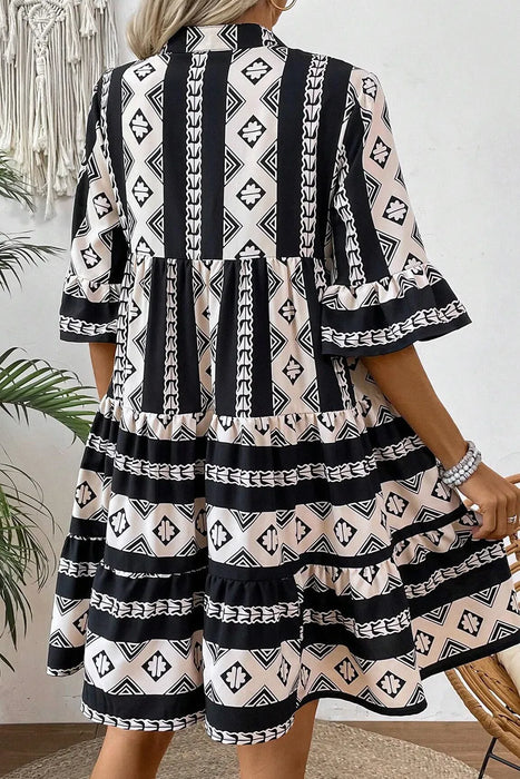 Tiered Printed Notched Half Sleeve Dress