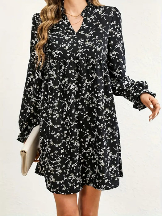 Ditsy Floral Notched Flounce Sleeve Dress