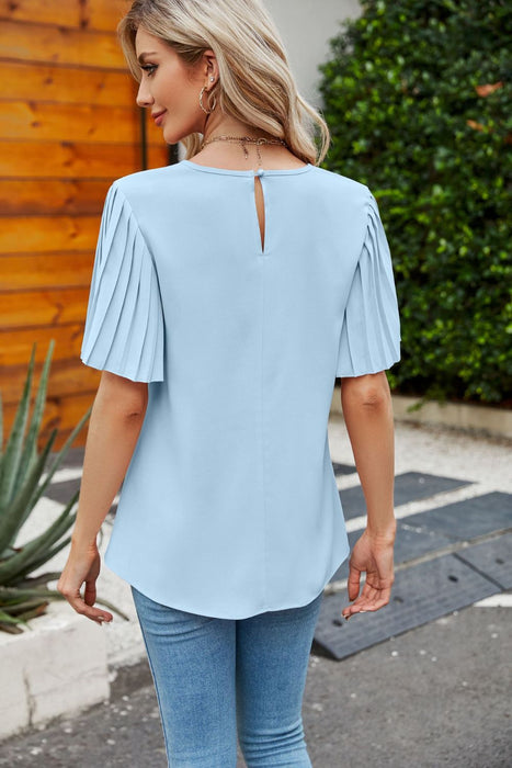 Pleated Flutter Sleeve Round Neck Blouse