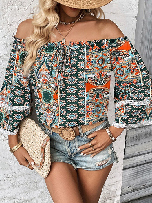 Perfee Printed Frill Trim Off-Shoulder Blouse