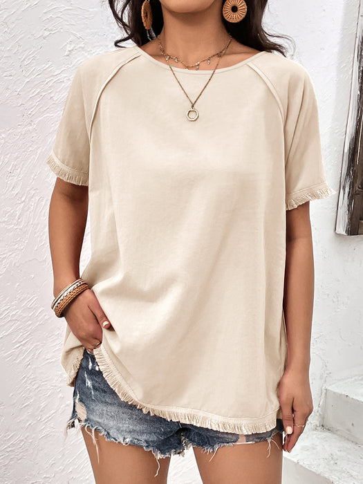 Ivy Lane Round Neck Raglan Sleeve Fringe Detail Top