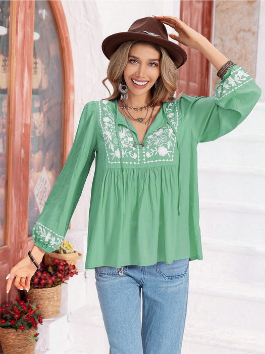 Floral Tie Neck Balloon Sleeve Blouse