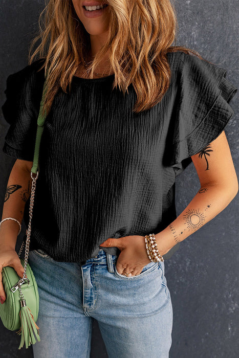 Textured Flutter Sleeve Keyhole Blouse