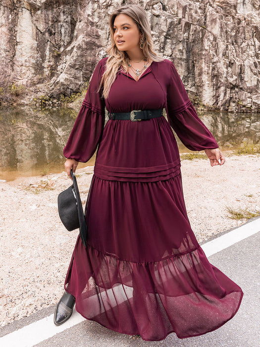 Plus Size Tie Neck Balloon Sleeve Tiered Dress