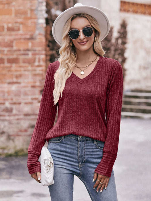 Mandy V-Neck Long Sleeve Ribbed Top