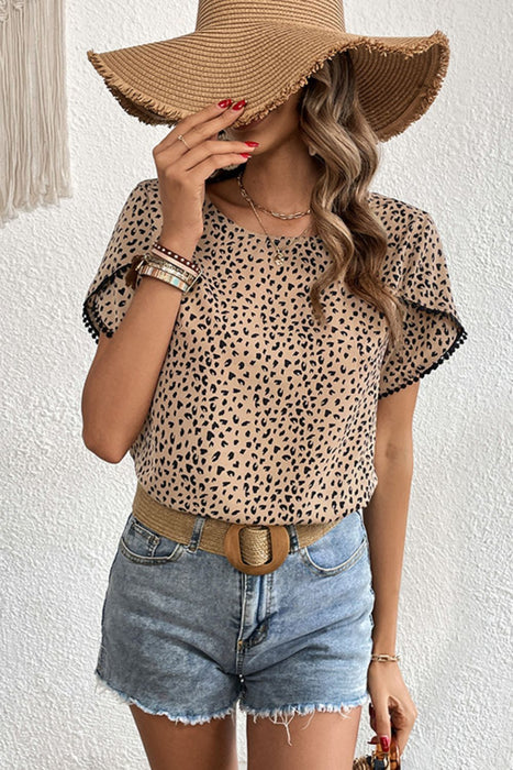 Perfee Printed Pom Pom Detail Petal Sleeve Round Neck Blouse