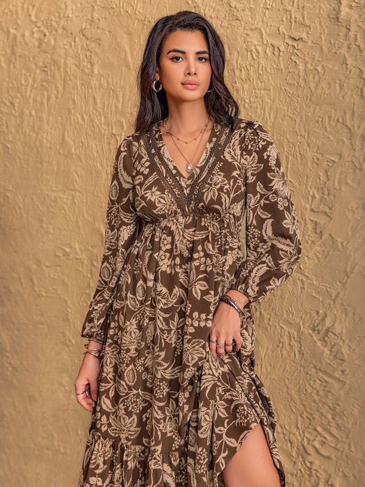 Ruched Printed V-Neck Long Sleeve Midi Dress