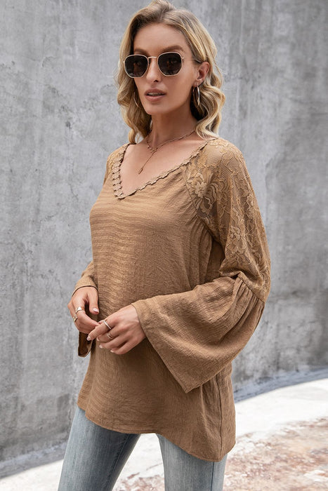 Ivy Lane V-Neck Spliced Lace Flare Sleeve Top